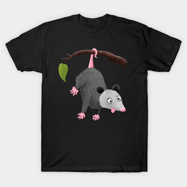 Cute funny opossum hanging from branch cartoon T-Shirt by FrogFactory